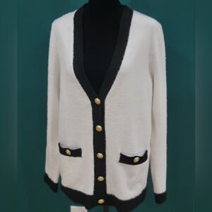Tahari Elegant Fuzzy White & Black Women's Cardigan Sweater SZ. M